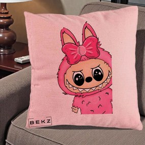 Perna Personalizata Labubu Roz cu Funda, 40x40 cm, Roz, Husa Detasabila, Perna Inclusa, BEKZ®