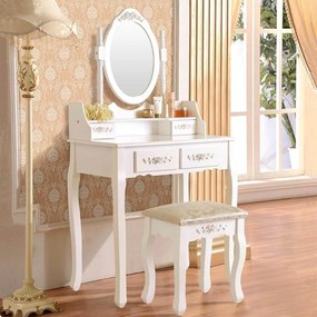 Măsuță de toaletă, cu oglindă ovală, 4 sertare și taburet, Alb