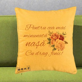 Cadou pentru Nasa - Perna Personalizata Pentru Cea mai Minunata Nasa Cu drag Finii, 40x40 cm, Galben, Husa Detasabila, Perna Inclusa, BEKZ®