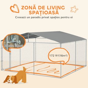 PawHut Țarc pentru Câini Talie Medie, Metal Galvanizat, Acoperiș Oxford, Ușă cu Zăvor, 400x230x232 cm, Argintiu | Aosom Romania
