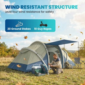 Outsunny Cort gonflabil 4 persoane Montare rapidă Camping exterior cu 2 dormitoare, ferestre din plasă, pridvor | Aosom Romania