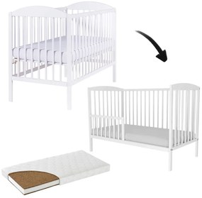Patut din lemn masiv cu bariera 120x60 cm Kidizi Orella alb si saltea cocos LUX 120x60x9 cm, reglabil pe 3 nivele, certificat EN71