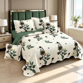 Cuvertură de pat bumbac, 5 piese, model floral crem cu verde, 230x250 cm, CB547