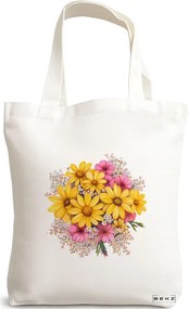 Sacosa de Panza pentru Cumparaturi, Geanta Tote, model Flowers 18 38 x 34.5 cm, Alba, BEKZ®
