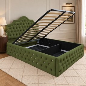 Pat tapițat Chesterfield din catifea Imperio Deluxe 140×200 cm, kaki, cu ladă de depozitare