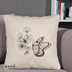 Perna Decorativa Fluture si Flori Linie Monocroma, 40x40 cm, Bej Canapea, Husa Detasabila, Perna Inclusa, BEKZ®