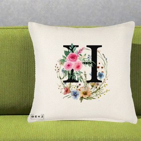 Cadou Personalizat - Perna Personalizata Monogram Litera H cu Flori Acuarela, 40x40 cm, Crem Reliefat, Husa Detasabila, Perna Inclusa, BEKZ®