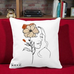 Perna Decorativa Portret Feminin Floare Bej Terracotta, 40x40 cm, Alba Mata, Husa Detasabila, Perna Inclusa, BEKZ®