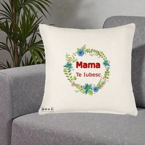 Cadou pentru Mama - Perna Personalizata Mama Te Iubesc Flori Albastre, 40x40 cm, Crem Reliefat, Husa Detasabila, Perna Inclusa, BEKZ®