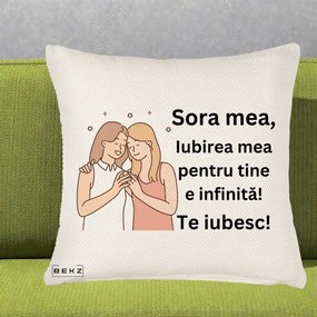 Cadou pentru Sora - Perna Personalizata Sora Mea Te Iubesc Imbratisare cu Sclipiri, 40x40 cm, Crem Reliefat, Husa Detasabila, Perna Inclusa, BEKZ®