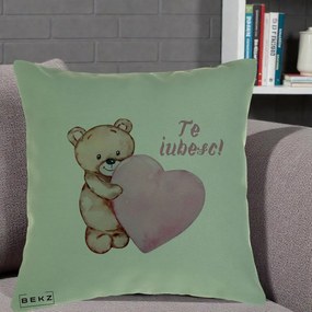 Cadou Romantic - Perna Personalizata Te Iubesc Ursulet cu Inima Roz Acuarela, 40x40 cm, Verde, Husa Detasabila, Perna Inclusa, BEKZ®