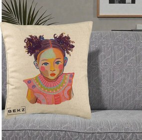 Perna Decorativa Fetita Vesela Portret Colorat, 40x40 cm, Bej, Husa Detasabila, Perna Inclusa, BEKZ®