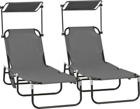 Outsunny Set 2 șezlonguri pliante cu parasolar, spătar reglabil în 5 trepte, Gri închis | Aosom Romania