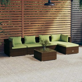 Set mobilier de gradina cu perne, 6 piese, maro, poliratan maro si verde, 2x colt + 2x mijloc + suport pentru picioare + masa, 1