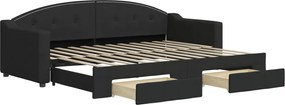 vidaXL Pat de zi cu extensie și sertare, negru, 80x200 cm, textil