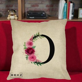 Cadou Personalizat - Perna Personalizata Monograma Florala Litera O, 40x40 cm, Crem, Husa Detasabila, Perna Inclusa, BEKZ®