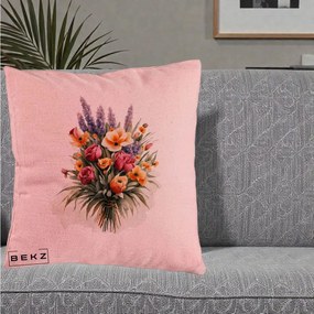Perna Decorativa Buchet Mixt Acuarela Lavanda-Trandafiri, 40x40 cm, Roz, Husa Detasabila, Perna Inclusa, BEKZ®