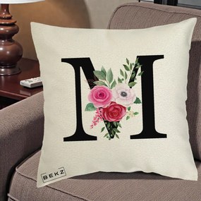 Cadou Personalizat - Perna Personalizata Monograma Florala Litera M cu Trandafiri si Anemona, 40x40 cm, Ecru, Husa Detasabila, Perna Inclusa, BEKZ®