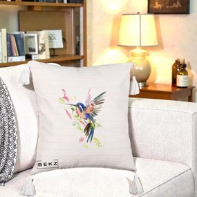 Perna Decorativa Colibri Acuarela, 40x40 cm, Bej cu Franjuri, Husa Detasabila, Perna Inclusa, BEKZ®