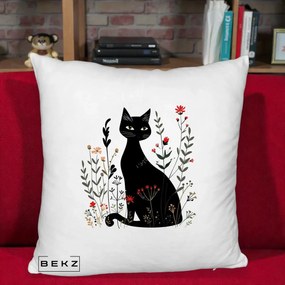 Perna Decorativa Pisica Neagra Botanica Rosu-Gri, 40x40 cm, Alb Pufos, Husa Detasabila, Perna Inclusa, BEKZ®
