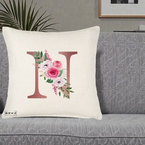 Cadou Personalizat - Perna Personalizata Monograma Rose Gold Litera N, 40x40 cm, Crem Reliefat, Husa Detasabila, Perna Inclusa, BEKZ®