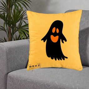 Perna Decorativa Halloween Fantoma Neagra cu Ochi Portocalii, 40x40 cm, Galben, Husa Detasabila, Perna Inclusa, BEKZ®