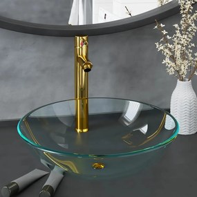 Chiuveta baie robinet si scurgere tip push, transparent sticla Transparent, Robinet auriu