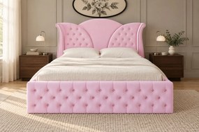 Pat tapițat Chesterfield din catifea Velora Deluxe 160×200 cm, roz, cu ladă de depozitare