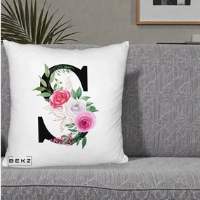 Cadou Personalizat - Perna Personalizata Monograma Florala Litera S, 40x40 cm, Alb Pufos, Husa Detasabila, Perna Inclusa, BEKZ®