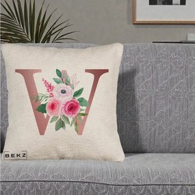 Cadou Personalizat - Perna Personalizata Monograma Rose Gold Litera W cu Trandafiri si Anemona, 40x40 cm, Bej Canapea, Husa Detasabila, Perna Inclusa, BEKZ®