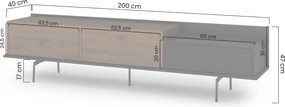 Comodă TV Zenar 200 cm cu picioare metalice și sertar - nuc elegant / negru