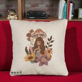 Perna Decorativa Fata Ciuperca Boho Florala, 40x40 cm, Bej Canapea, Husa Detasabila, Perna Inclusa, BEKZ®