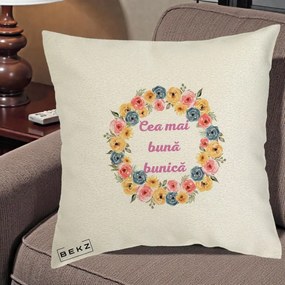 Cadou pentru Bunica - Perna Personalizata Cea Mai Buna Bunica Coronita Flori Multicolore, 40x40 cm, Ecru, Husa Detasabila, Perna Inclusa, BEKZ®