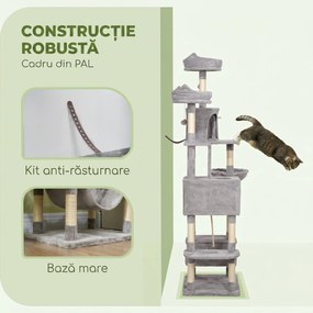 PawHut Ansamblu de Zgâriat pentru Pisici, 206 cm, cu Stâlpi din Sisal, Căsuțe și Hamace, Gri Închis | Aosom Romania
