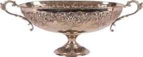 Platou oval pe picior din alamă lucrată manual, argintiu, fructieră cu mânere și struguri în relief, aspect vintage, finisaj nichelat, 30 x 75 x 30