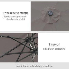 Outsunny Umbrelă de Grădină Inclinabilă Ø265 cm cu 32 Lumini LED Solare și Manivelă, Umbrelă de Exterior cu 8 Spițe, din Oțel și Poliester, pentru Patio, Curte, Balcon, Terasă, Gri | Aosom Romania