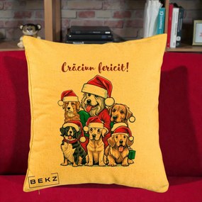 Perna Decorativa Caini cu Bonete Craciun Fericit, 40x40 cm, Galben, Husa Detasabila, Perna Inclusa, BEKZ®