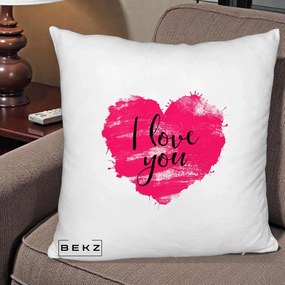 Cadou Romantic - Perna Personalizata I Love You Inima Roz, 40x40 cm, Alb Pufos, Husa Detasabila, Perna Inclusa, BEKZ®