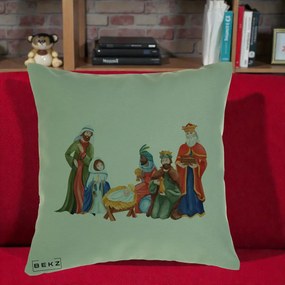 Perna Decorativa Nasterea Domnului Cei Trei Magi Acuarela, 40x40 cm, Verde, Husa Detasabila, Perna Inclusa, BEKZ®