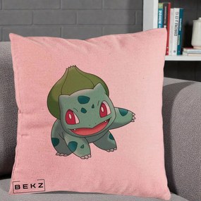 Perna Personalizata Bulbasaur Pokemon, 40x40 cm, Roz, Husa Detasabila, Perna Inclusa, BEKZ®