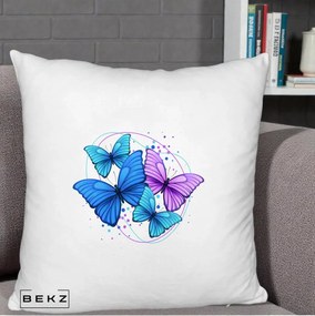 Perna Decorativa Patru Fluturi Turcoaz-Violet, 40x40 cm, Alb Pufos, Husa Detasabila, Perna Inclusa, BEKZ®