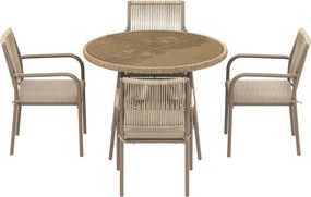 Set mobilier de grădină modern, 5 piese, masă rotundă cu blat din sticlă securizată, 4 scaune cu brațe cu spătar din sfoară, Maro