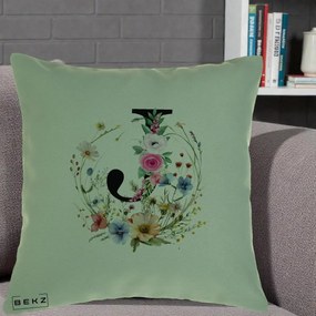 Cadou Personalizat - Perna Personalizata Monogram Litera J cu Flori Acuarela, 40x40 cm, Verde, Husa Detasabila, Perna Inclusa, BEKZ®