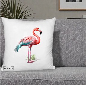Perna Decorativa Flamingo Roz cu Pene Teal, 40x40 cm, Alb Pufos, Husa Detasabila, Perna Inclusa, BEKZ®