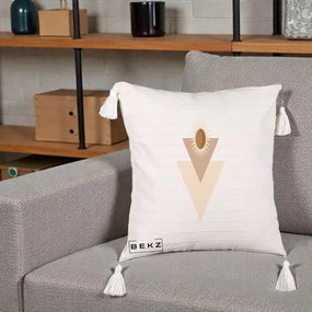 Perna Decorativa Boho Sun cu Triunghiuri Bej si Oval Solar, 40x40 cm, Bej cu Franjuri, Husa Detasabila, Perna Inclusa, BEKZ®