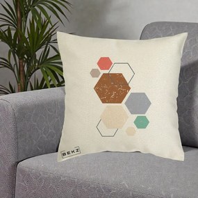 Perna Decorativa Geometric Hexagoane Multicolor, 40x40 cm, Ecru, Husa Detasabila, Perna Inclusa, BEKZ®