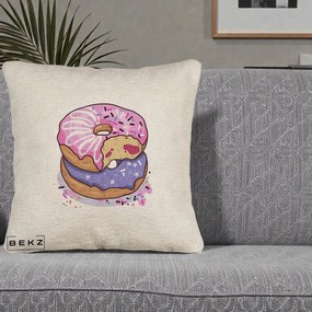 Perna Decorativa Donuts Roz si Mov, 40x40 cm, Bej Canapea, Husa Detasabila, Perna Inclusa, BEKZ®
