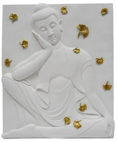 Decoratiune de perete alba din rasina, 46 x 5,7 x 55,5 cm, Buddha Mauro Ferreti