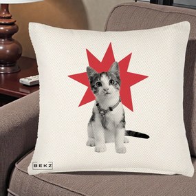 Perna Decorativa Pisica Star Pop Art, 40x40 cm, Crem Reliefat, Husa Detasabila, Perna Inclusa, BEKZ®