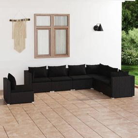 Set mobilier de gradina cu perne, 7 piese, negru, poliratan Negru, 4x mijloc + 3x colt, 1